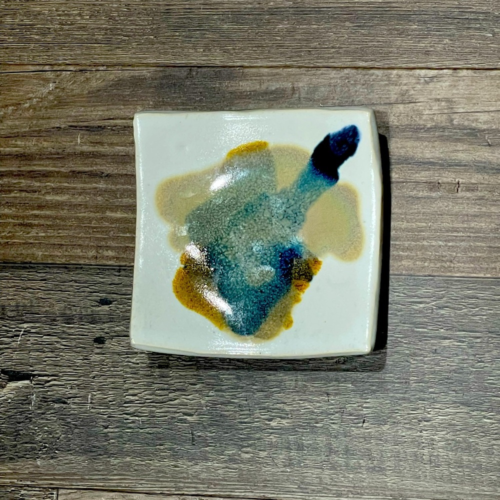 - Handmade studio art splatter glaze porcelain trinket, spoon, sushi dish
